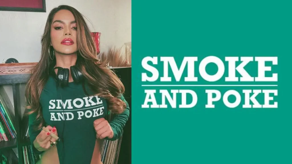 Woman holding a joint against a green background with SmokeAndPoke text overlay.
