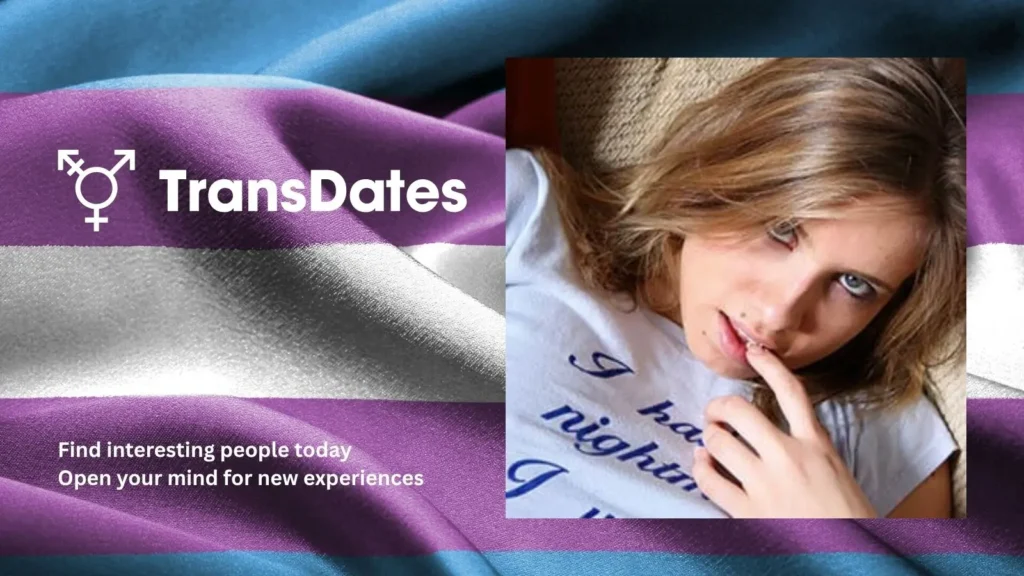 A smiling trans woman in front of a blue, pink, and white transgender flag background with text overlay reading 'Find interesting people today' and 'Open your mind for new experiences' for TransDates.com.