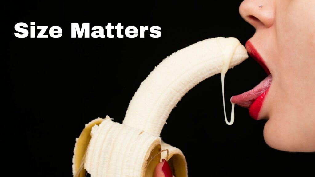 A female model against a black background eating a banana topped with cream, with bold white text overlay reading 'Size Matters' to highlight VigRX Plus results.
