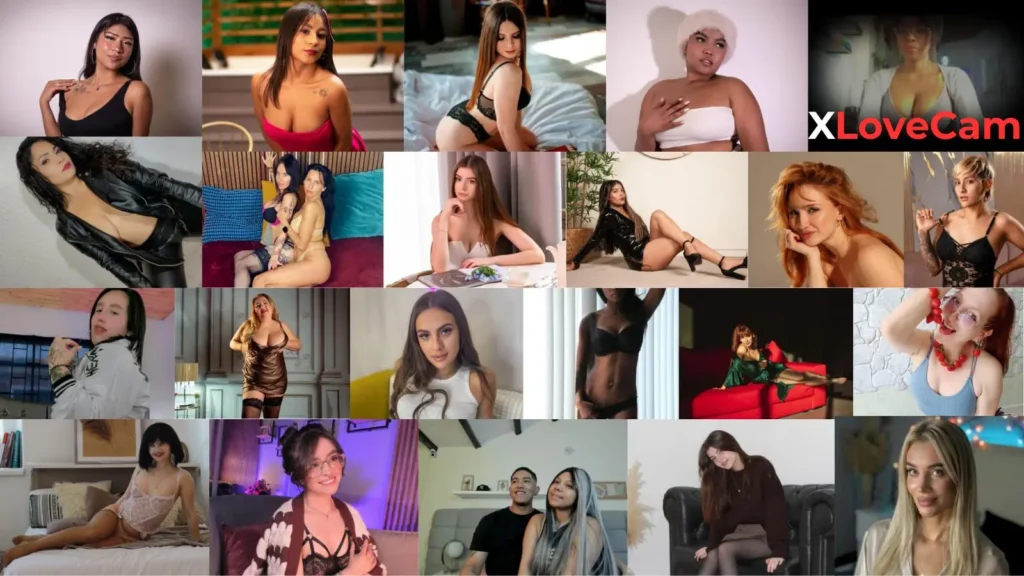 A high-quality studio shot of a female model and a male partner in a coordinated pose, featuring a bold white text overlay that reads 'XloveCam' to highlight the 2026 mobile interactive platform.