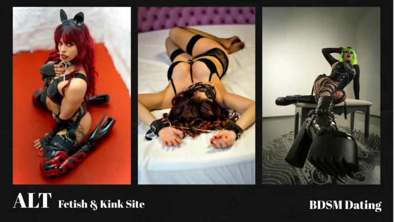 Three diverse women in alternative fashion posed against a solid black background, featuring the minimalist Alt.com 2026 typography to represent professional-grade fetish dating and community-based matchmaking.