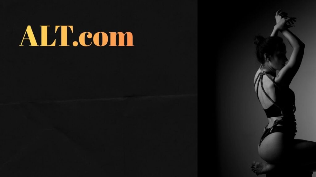 A stark black background featuring the text alt.com styled in sleek gold lettering, positioned next to a man lifting a woman dressed in intricate black leather lingerie.