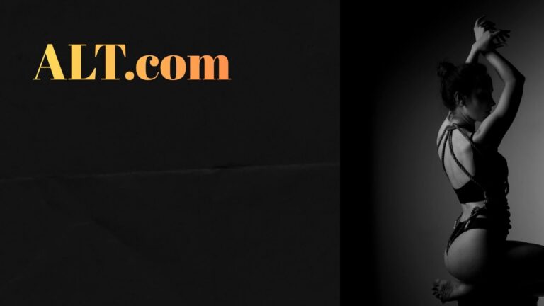 A stark black background featuring the text alt.com styled in sleek gold lettering, positioned next to a man lifting a woman dressed in intricate black leather lingerie.