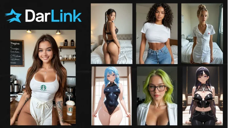 A high-contrast 2026 promotional graphic for DarLink AI showing a group of seven virtual companion characters against a solid black background. The arrangement features five hyper-realistic digital avatars alongside two highly detailed, vibrant anime-style female characters, flanking the central brand text 'darlink' in a sleek, minimalist white sans-serif font.