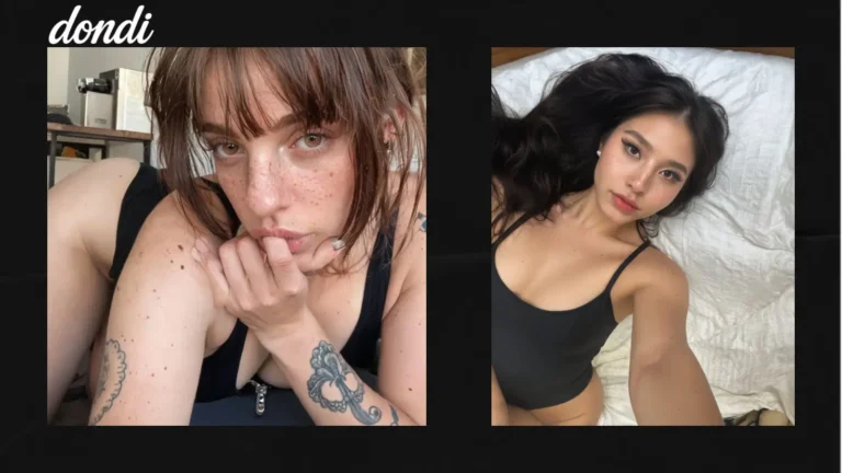 Two styled virtual AI female companions side by side against a solid dark black background with bold overlay text reading Dondi.