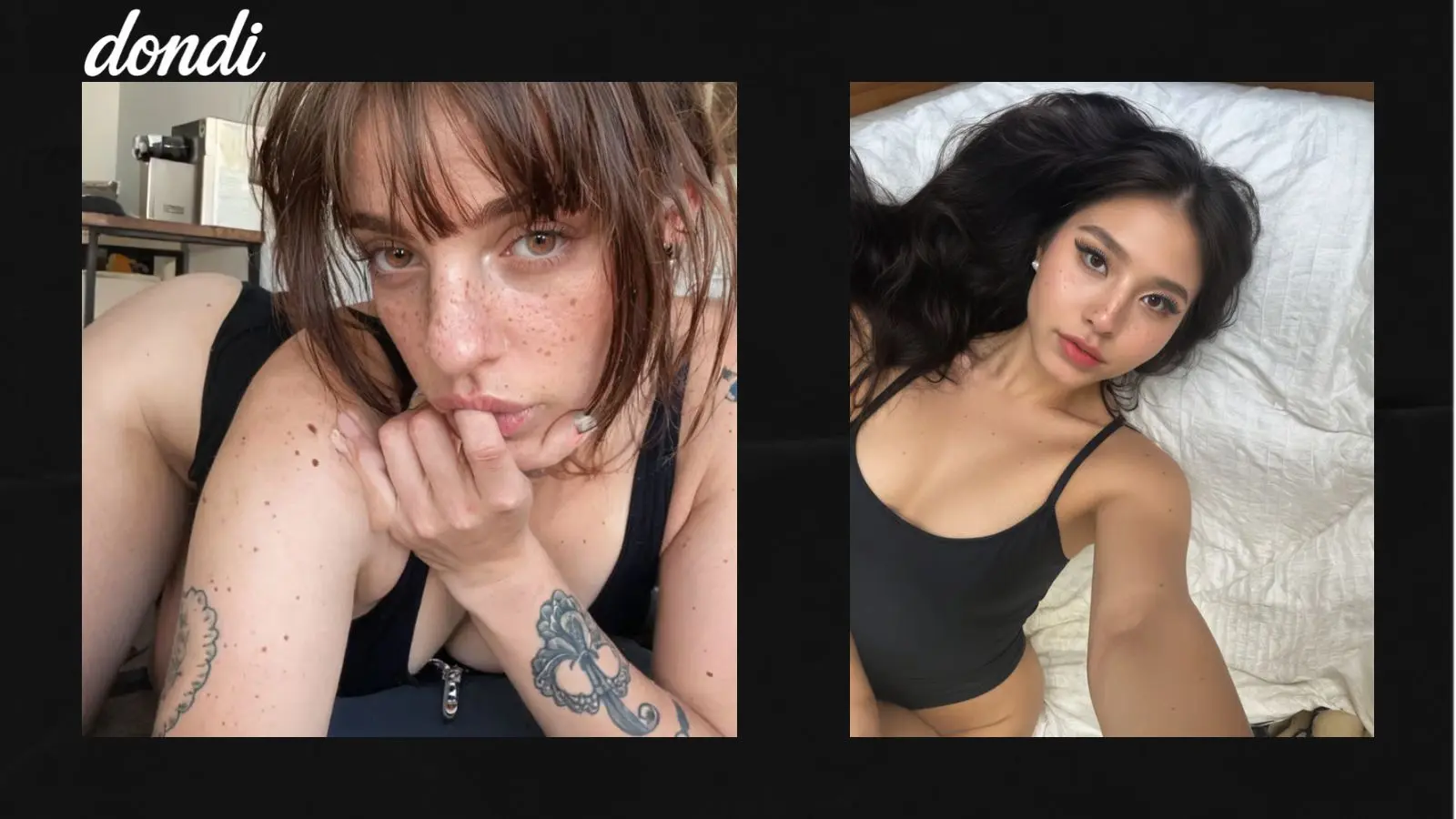 Two styled virtual AI female companions side by side against a solid dark black background with bold overlay text reading Dondi.