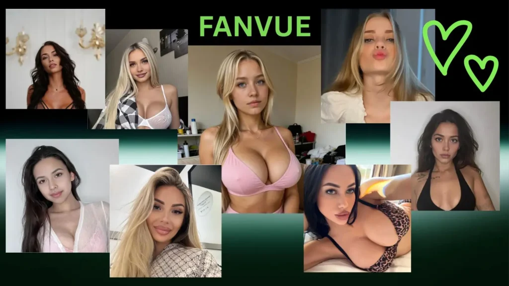 An array of eight diverse female creator models posing side-by-side against a sleek black and silver studio background featuring the official Fanvue typography logo and two small green decorative heart graphics.