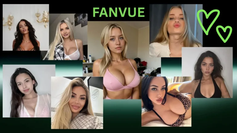 An array of eight diverse female creator models posing side-by-side against a sleek black and silver studio background featuring the official Fanvue typography logo and two small green decorative heart graphics.
