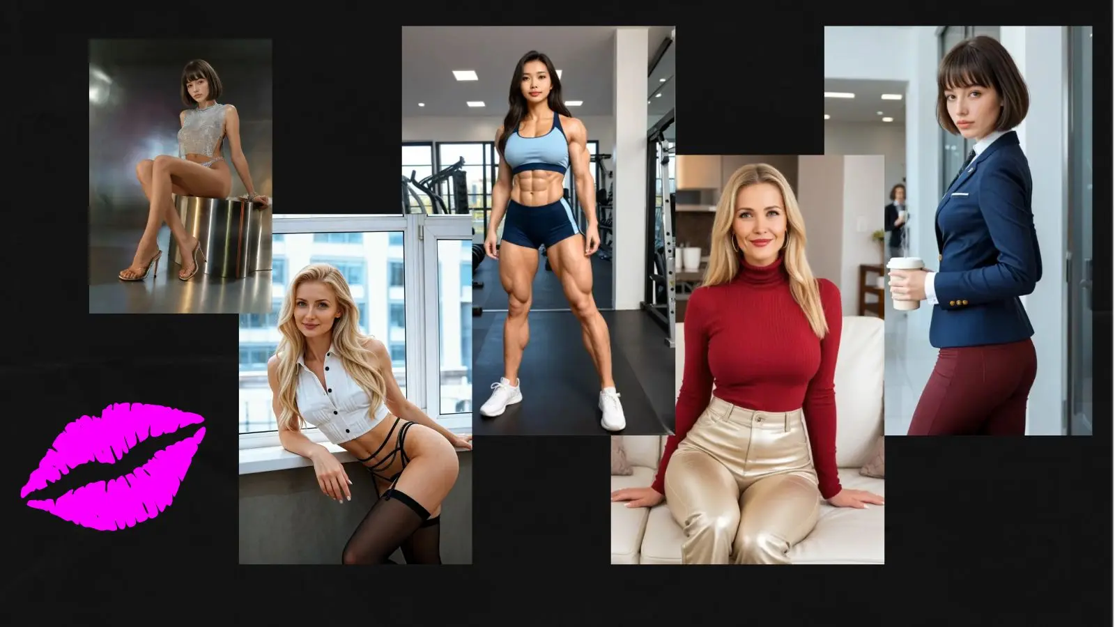 Five stylized virtual AI female companions side-by-side against a stark black background, each featuring prominent purple lip aesthetics.