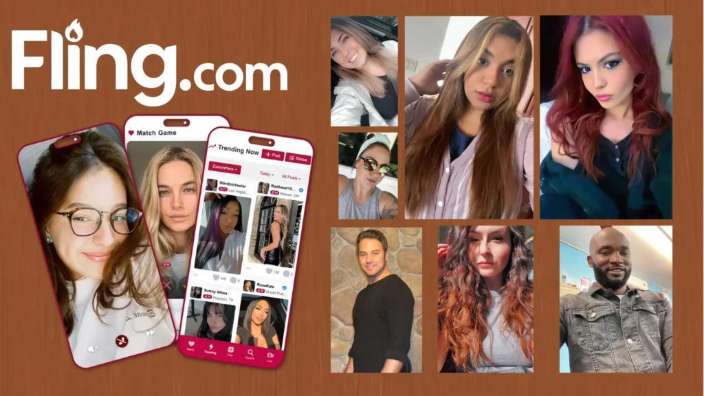 A professional 2026 promotional graphic for Fling.com featuring a diverse group of seven members (five female, two male) in approachable, casual attire. The subjects are set against a rich, decadent chocolate brown background. A 3D smartphone mockup on the right displays the Fling 'Proof of Life' interface, with bold 'fling.com' typography in a rounded, modern sans-serif font.
