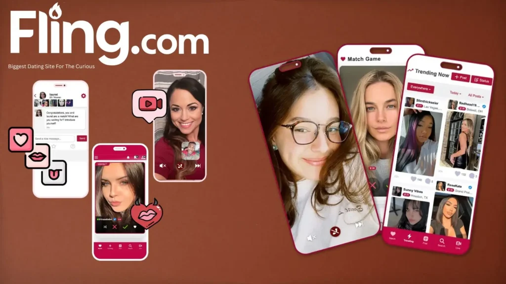 A clean, professional 2026 marketing mockup of the Fling dating application interface set against a solid minimalist dark brown background. The graphic showcases a mobile smartphone screen displaying localized user profile cards, active Mood-Sync intent badges, and green online activity indicators. Prominently displayed next to the device mockup is stylized white brand typography that reads: 'fling.com biggest dating site for the curious'.