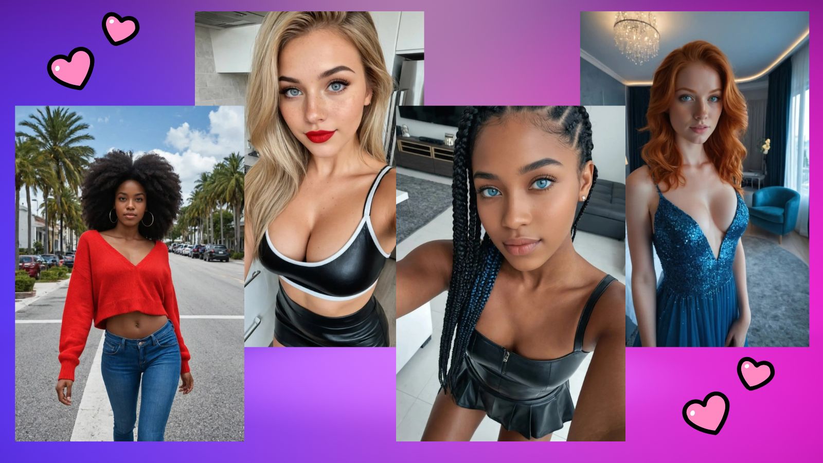 A vibrant 2026 promotional graphic for FLIRTcam AI showing a group of four diverse, hyper-realistic female AI companions arranged in a clean lineup. The subjects are set against a solid, deep royal purple background accented by floating, stylized pink hearts. The overall layout reflects a premium, high-fidelity virtual studio aesthetic.