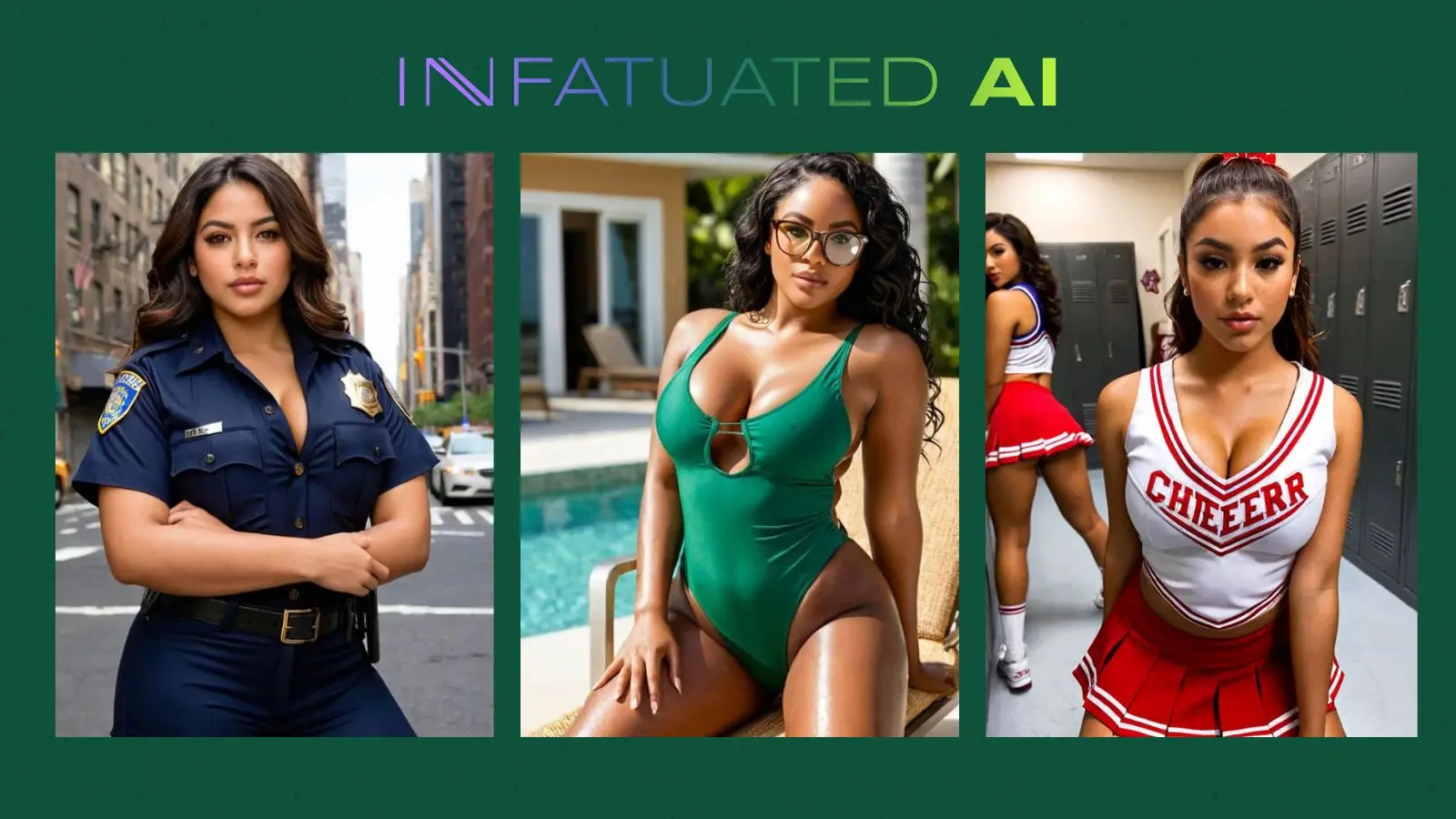Three hyper-realistic AI girlfriend avatars displayed side by side against a solid dark green background featuring a clean overlay text reading infatuated ai.
