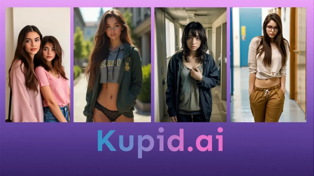 A surreal digital mosaic of 5 unique AI-generated women on a vibrant purple background with bold Kupid AI 2026 branding.