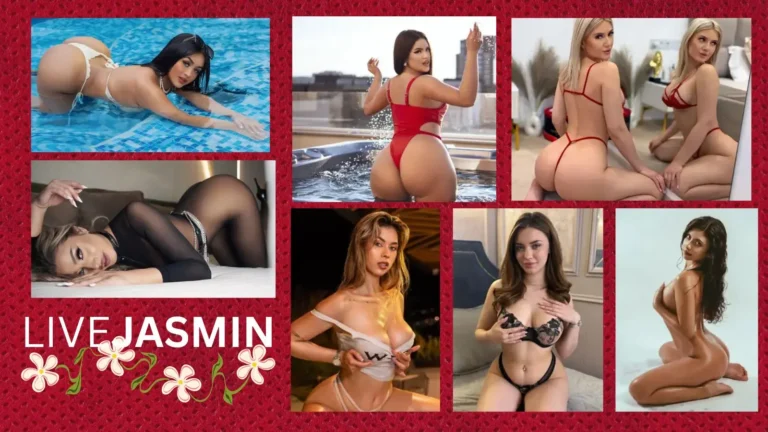 A sophisticated 2026 promotional banner for LiveJasmin featuring a horizontal lineup of seven diverse, premium live-cam models. The background is a rich, elegant solid burgundy. Centered cleanly beneath the models is the bold white brand typography reading 'livejasmin', accented elegantly with a delicate cluster of natural white jasmine flowers directly underneath the text.
