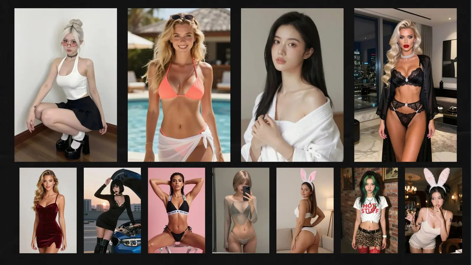 An expansive line-up of eleven diverse, photorealistic AI-generated female characters arranged side-by-side against a stark, solid black background.