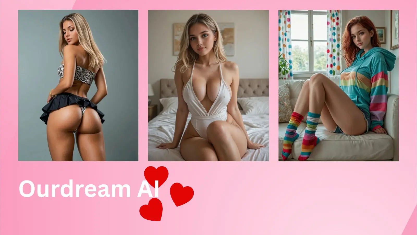 A bright pink background featuring three distinctly styled anime-inspired AI girls standing alongside the promotional text, ourdream ai, rendered in clean white lettering.