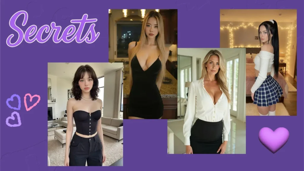 A vibrant digital composition of four diverse AI companions against a deep purple 'Soft-Glow' gradient background, featuring two stylized purple hearts and bold 'Secrets' typography to highlight the 2026 group chat and memory persistence updates.