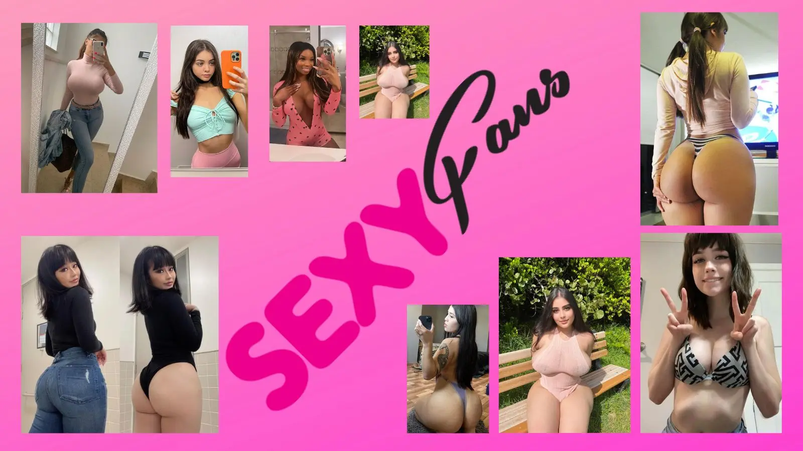 A bold, high-contrast 2026 promotional graphic for SexyFans.app featuring a diverse group of nine attractive female characters arranged in a dynamic lineup. The subjects are set against a solid, vibrant pastel pink background. The central brand typography reads 'sexyfans' in a clean, minimalist white lowercase sans-serif font.