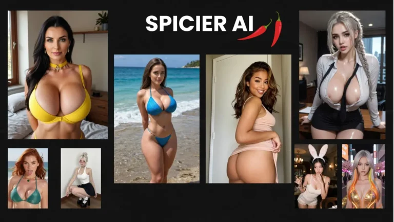 A high-contrast digital composition featuring eight diverse AI companions on a deep black background, accented with glowing red spicy chillies and the minimalist Spicier AI 2026 logo to represent high-speed NSFW sandbox generation.
