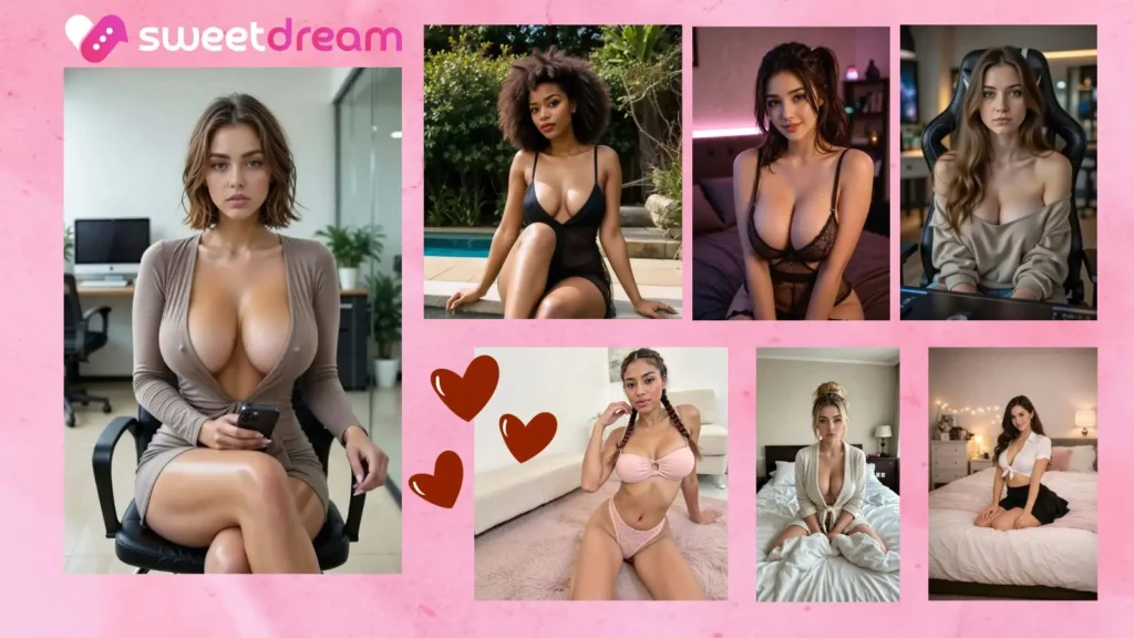 A vibrant 2026 promotional banner for SweetDream AI featuring a horizontal lineup of seven diverse, high-fidelity virtual AI girlfriend characters. The background is a soft pastel pink decorated with three distinct red floating hearts. Centered cleanly in modern, stylized lowercase white typography are the words 'sweet dream'.
