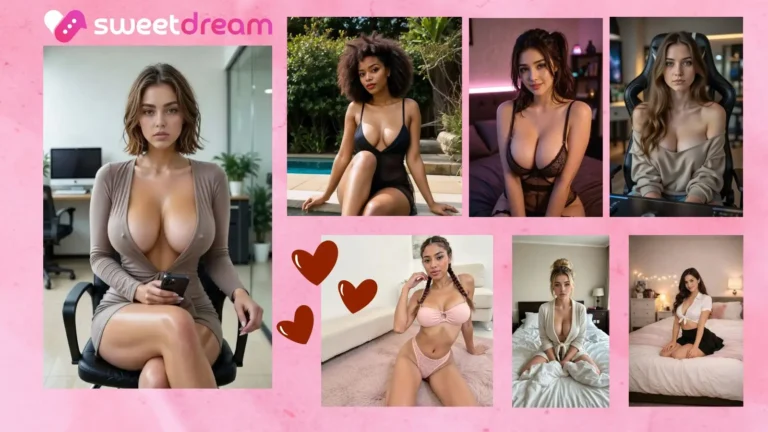 A vibrant 2026 promotional banner for SweetDream AI featuring a horizontal lineup of seven diverse, high-fidelity virtual AI girlfriend characters. The background is a soft pastel pink decorated with three distinct red floating hearts. Centered cleanly in modern, stylized lowercase white typography are the words 'sweet dream'.