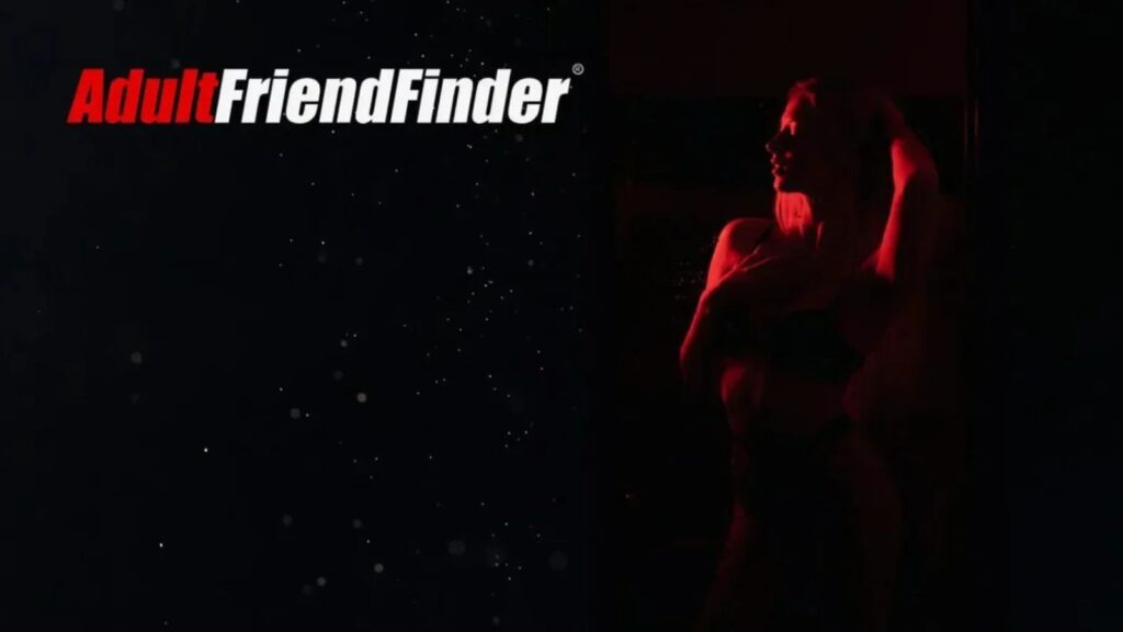 A portrait of a single woman set against a solid black background with a centralized white adult friend finder text overlay.