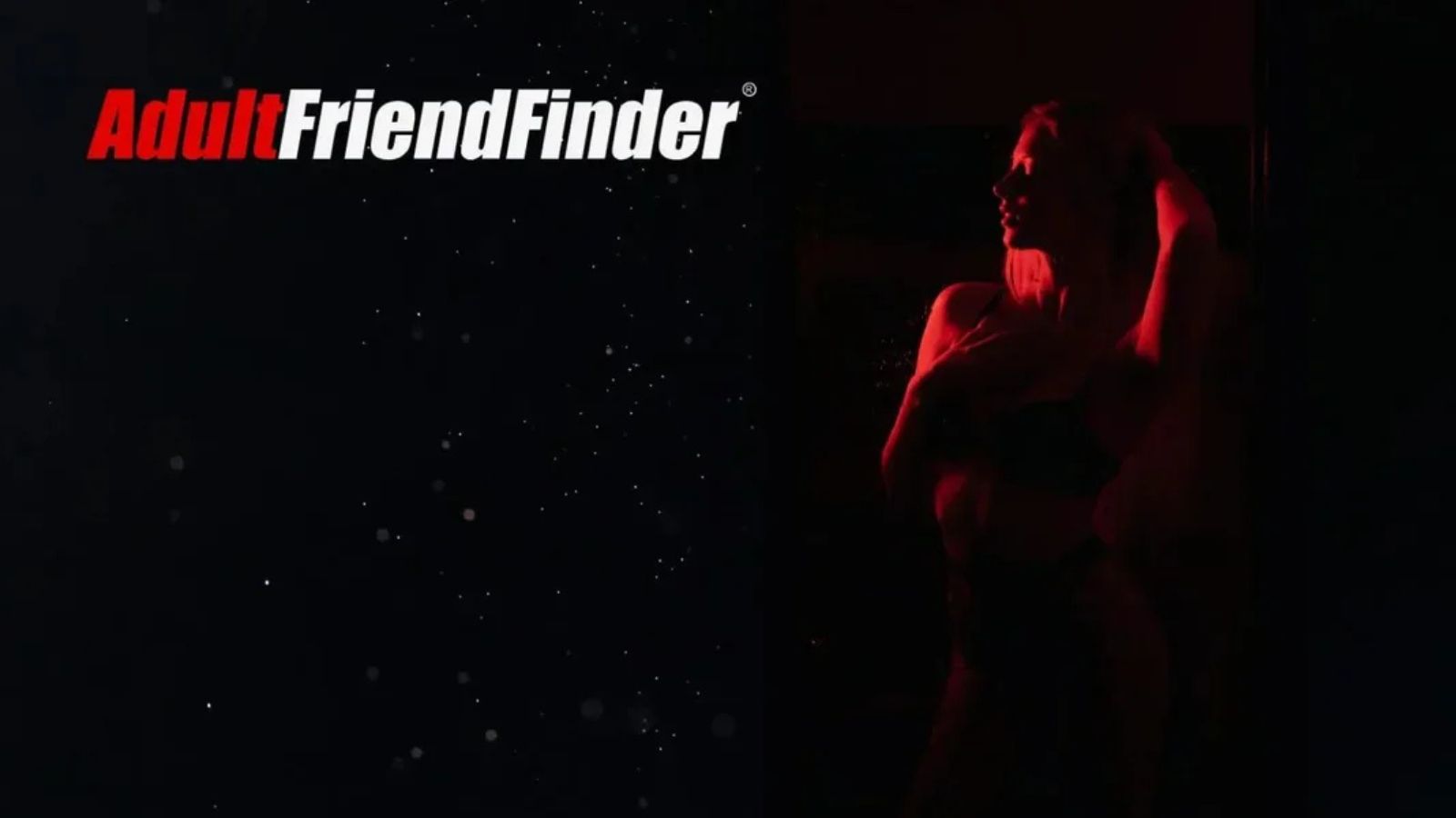 A portrait of a single woman set against a solid black background with a centralized white adult friend finder text overlay.