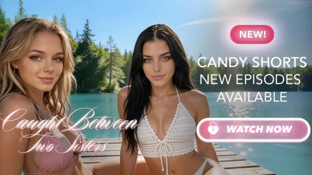 Two custom AI girls featured on a vibrant Candy AI Shorts Story Mode poster overlayed with stylized promotional text reading Candy Shorts New Episodes Available.