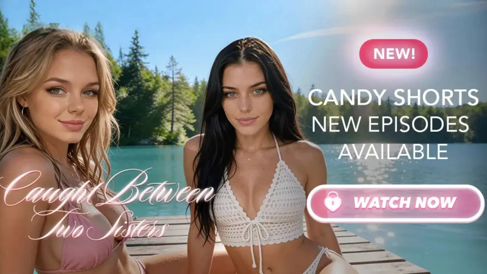 Two custom AI girls featured on a vibrant Candy AI Shorts Story Mode poster overlayed with stylized promotional text reading Candy Shorts New Episodes Available.