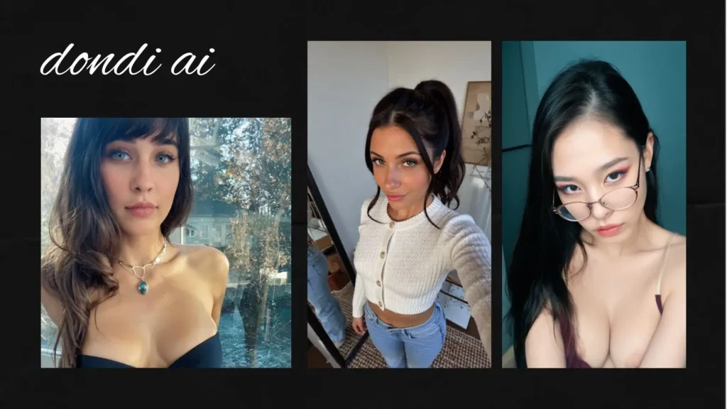 A visual lineup of three distinctly styled anime-inspired AI companion girls presented against a clean, solid black background, featuring the central typographic 'Dondi.ai' brand name.