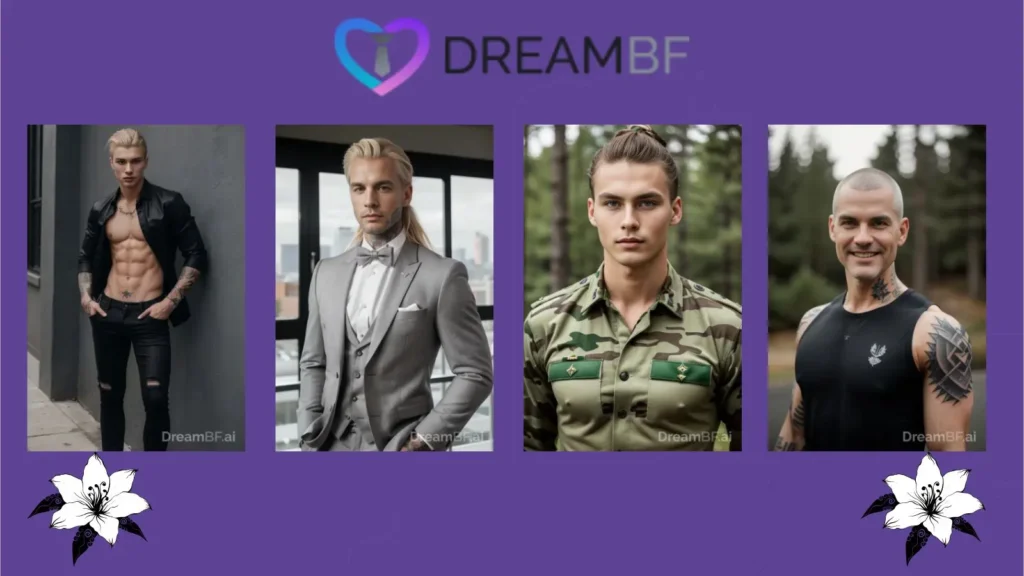 Four distinct digital male companion characters displaying diverse physical features, hair styles, and clothing types from the 2026 Mix-and-Match Builder, arranged on an ambient purple graphic studio background featuring the text overlay dreamBF to highlight unmoderated boyfriend simulation features.