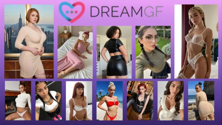A diverse grid showcasing twelve customizable anime AI girls set against a vibrant purple and pink background, featuring the stylized platform logo text DreamGF to highlight the v5.2 mix-and-match genetics character library.