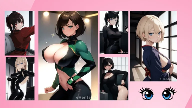 A clean grid displaying six diverse custom anime girls with distinct hair colors and expressions over a solid vibrant pink background, showcasing eHentai AI’s character studio engine and consistent character seed generation capabilities.