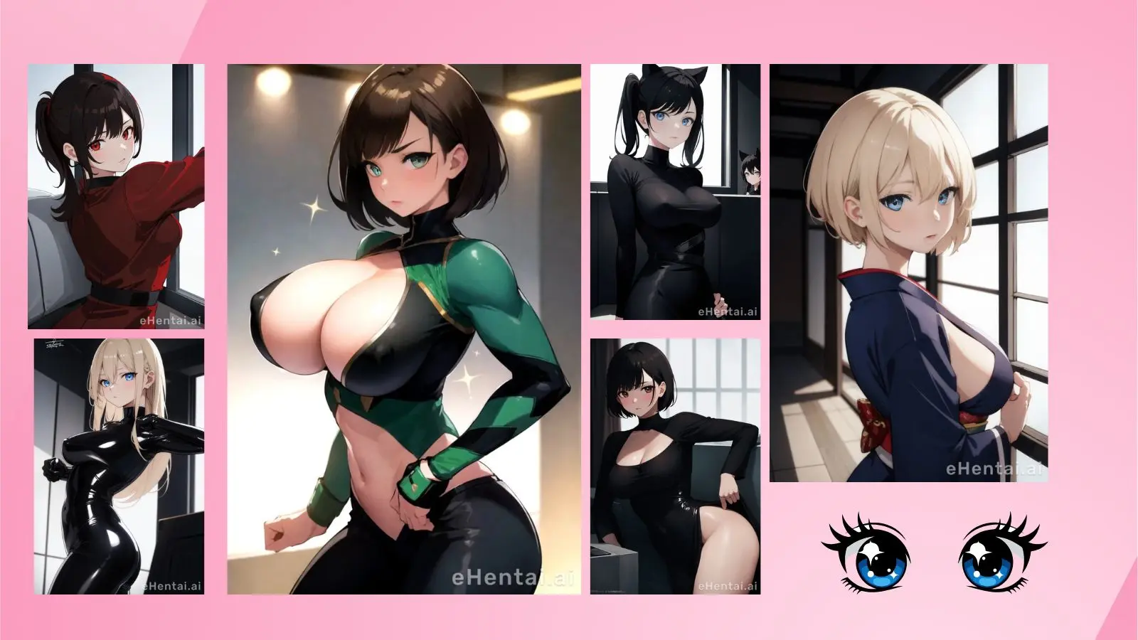 A clean grid displaying six diverse custom anime girls with distinct hair colors and expressions over a solid vibrant pink background, showcasing eHentai AIβs character studio engine and consistent character seed generation capabilities.