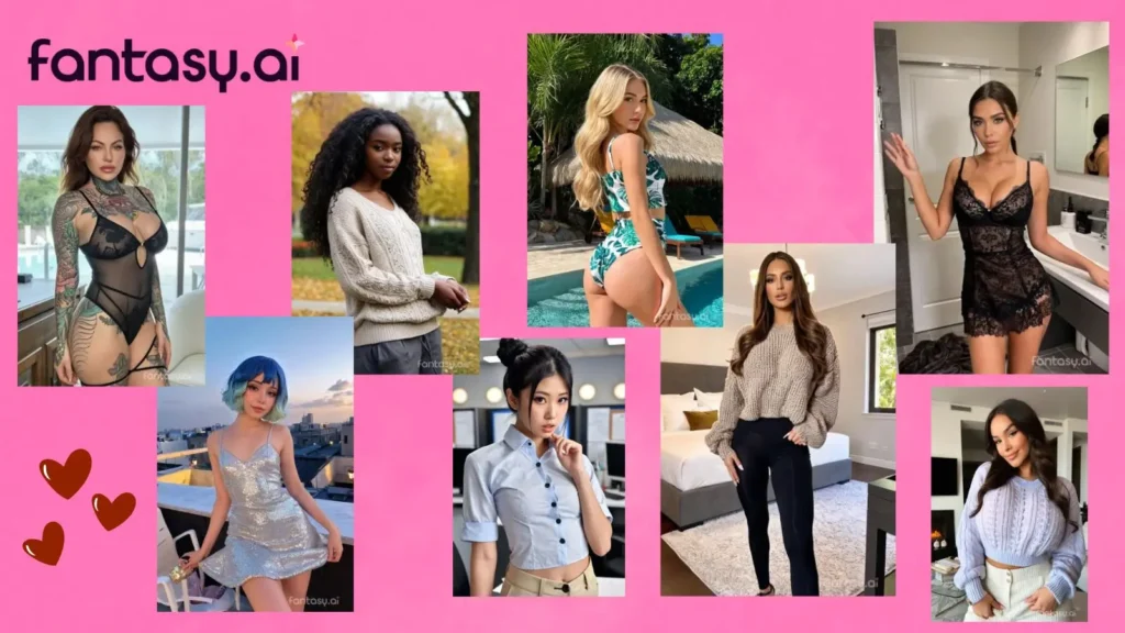 A multi-character studio display of eight custom AI anime girls with diverse styling, hair colors, and features over a clean vibrant pink background graphic with the text overlay fantasy ai, highlighting the platform's companion generator capabilities.