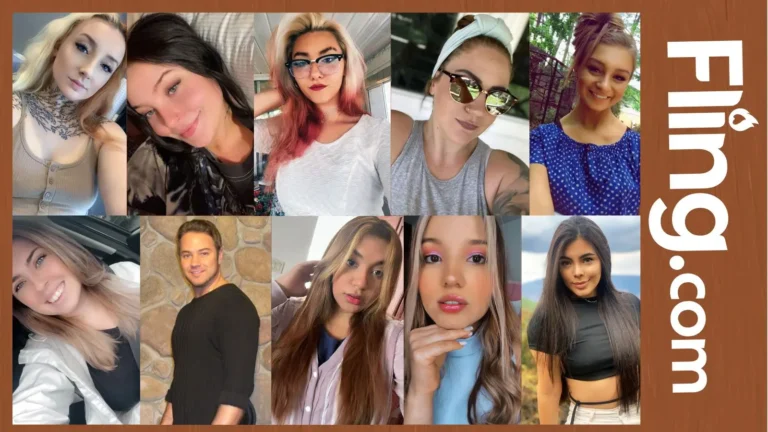 A diverse community lineup of nine women and one man posing against a solid warm brown studio background, featuring a clean typographic 'fling.com' brand logo centered across the layout.