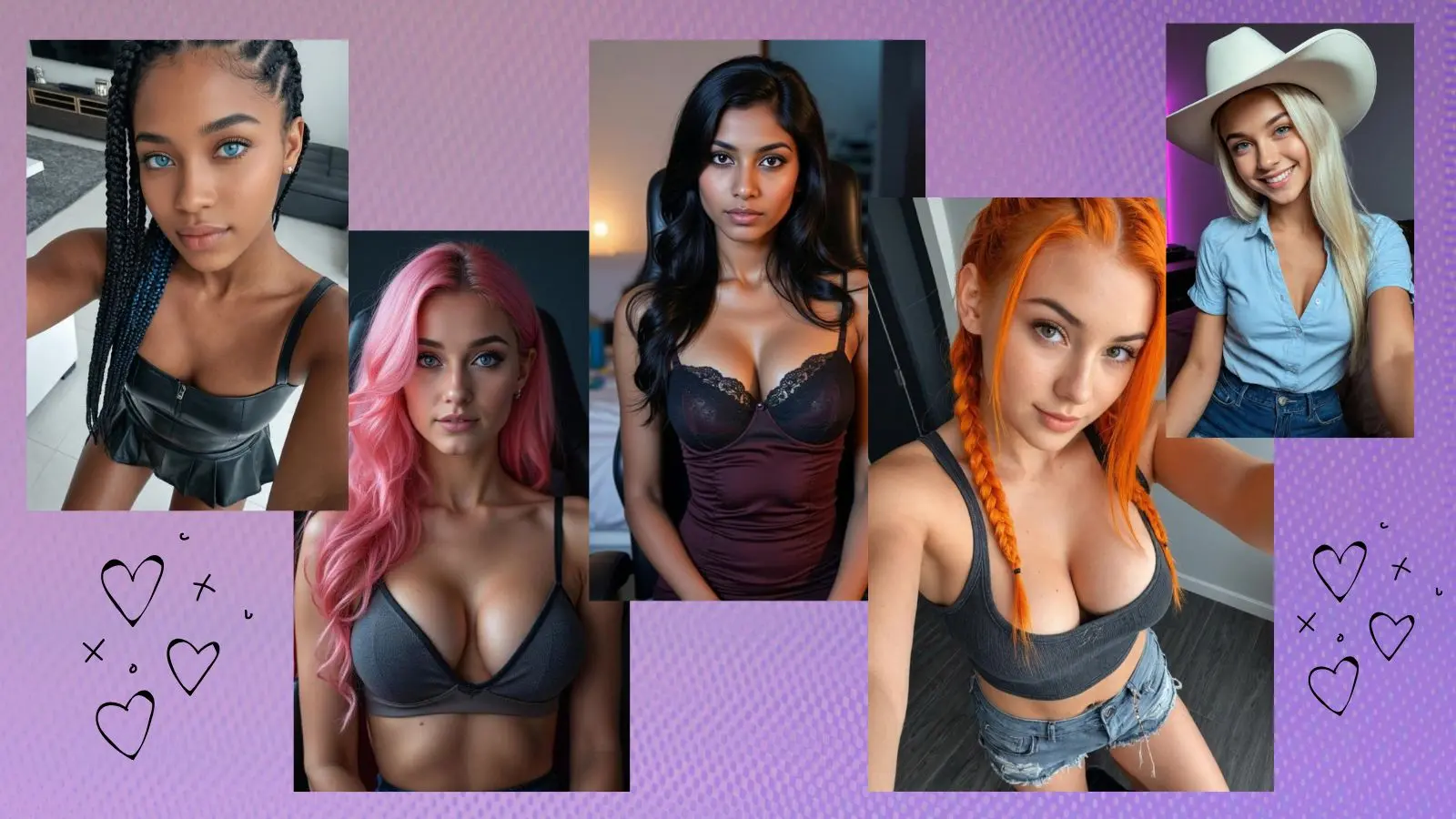 Featured banner for FLIRTcam.AI review displaying five stylized AI companion characters arranged symmetrically over a vibrant purple background decorated with floating heart details.