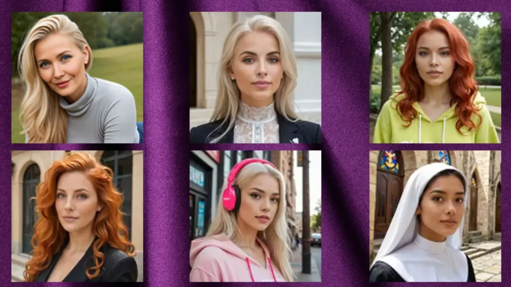 A horizontal gallery showcasing six distinct AI-generated companion girls sitting against a luxurious, dark purple velvet background draped with soft shadows.