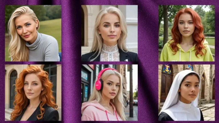 A horizontal gallery showcasing six distinct AI-generated companion girls sitting against a luxurious, dark purple velvet background draped with soft shadows.