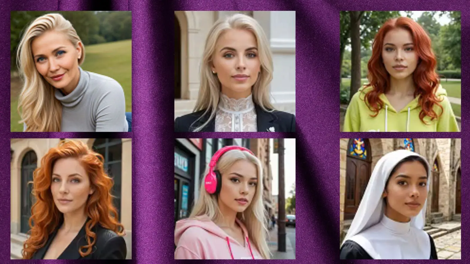 A horizontal gallery showcasing six distinct AI-generated companion girls sitting against a luxurious, dark purple velvet background draped with soft shadows.