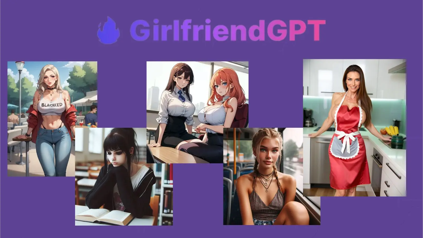 Three realistic AI avatars alongside three distinct anime-style women characters positioned against a vibrant purple background with a centralized white girlfriendGPT text overlay.