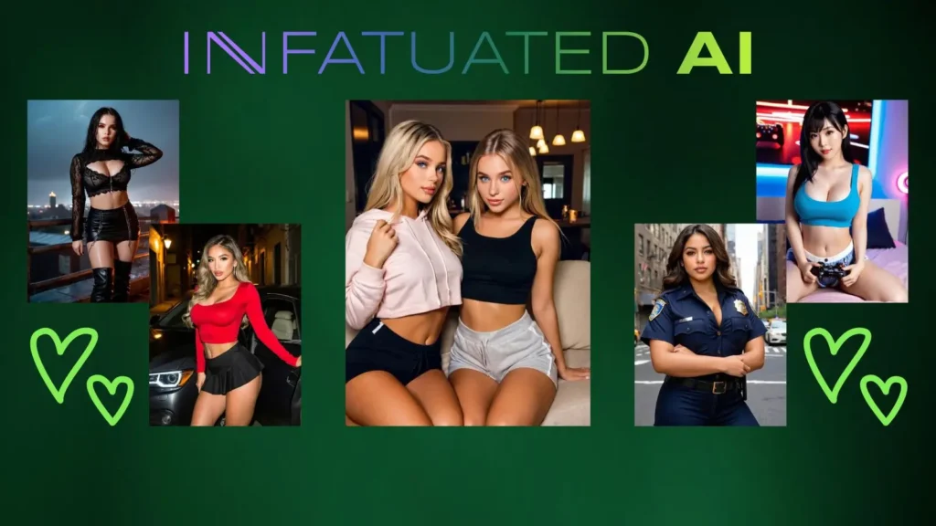 A collection of six distinct AI-generated companion girls displayed against a dark forest green background accented with glowing lime green hearts and the typographic 'infatuated ai' platform logo.