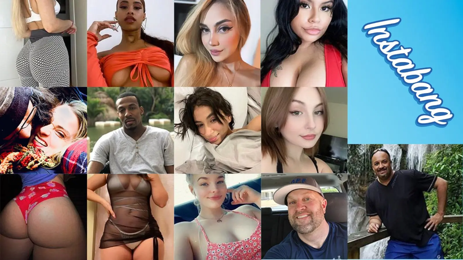 A clean grid grid displaying thirteen diverse men and women user profiles arranged over a solid blue background, with the bold platform logo text Instabang centered to demonstrate the app's local social swipe matching interface.