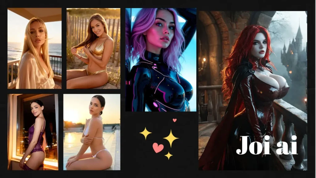Six diverse, high-detail AI-generated female characters standing side-by-side against a solid black background featuring a bold JOI AI text overlay accented by vibrant red hearts and small yellow stars.