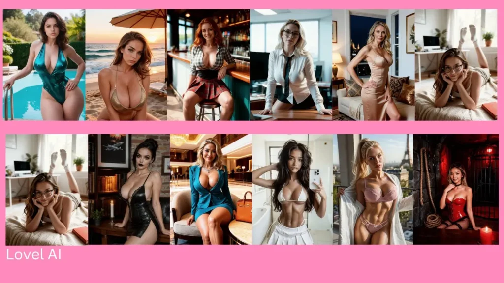 A grid composition featuring twelve distinct AI avatars and virtual companion girls with varied hairstyles and modern outfits, displayed over a clean solid pink background with the stylized brand text overlay Lovel AI to showcase app-building capabilities.