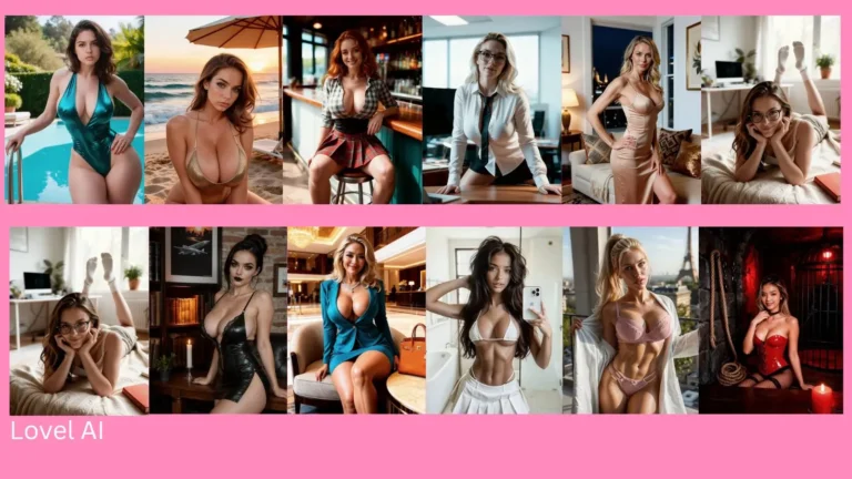 A grid composition featuring twelve distinct AI avatars and virtual companion girls with varied hairstyles and modern outfits, displayed over a clean solid pink background with the stylized brand text overlay Lovel AI to showcase app-building capabilities.