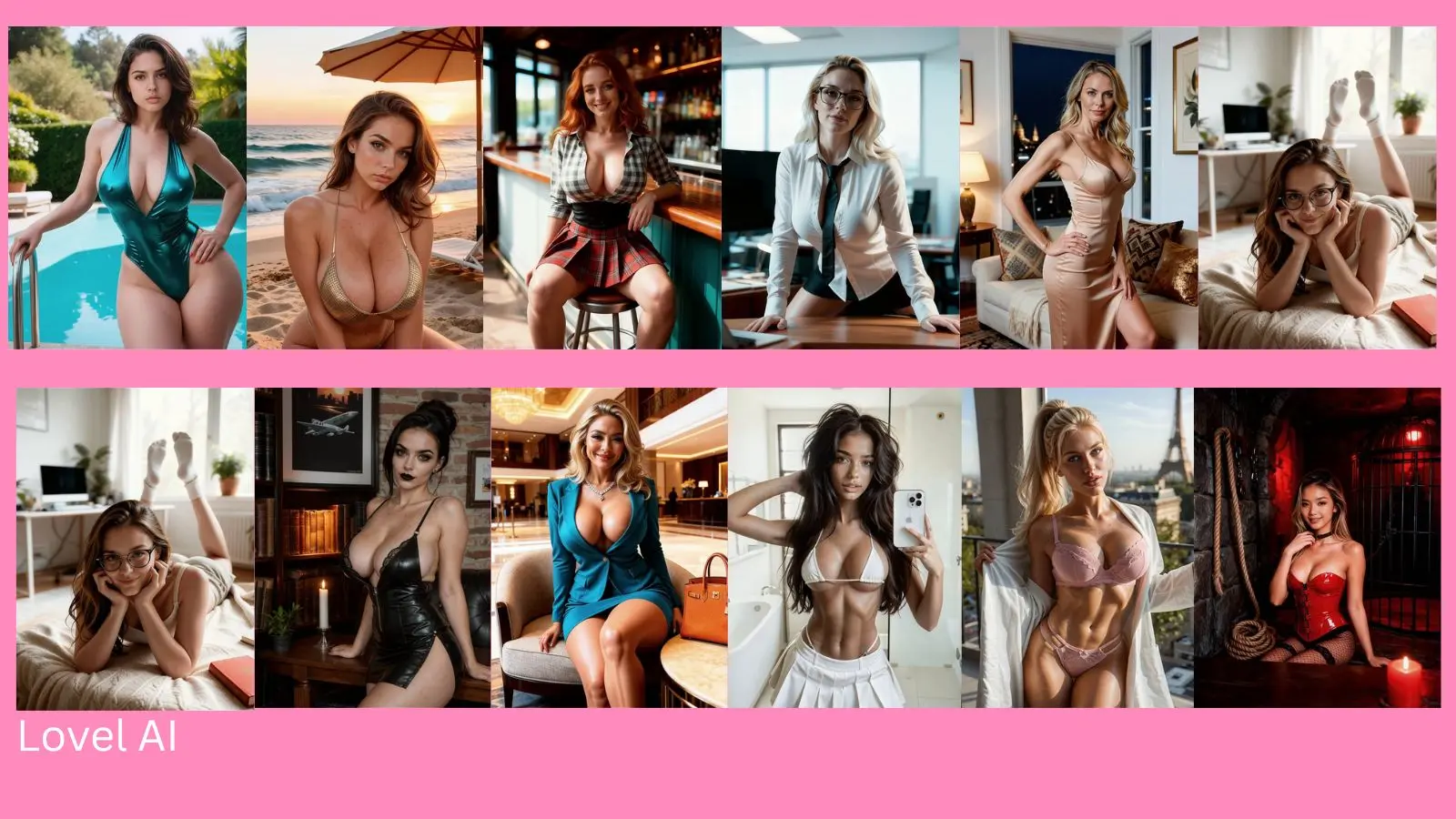 A grid composition featuring twelve distinct AI avatars and virtual companion girls with varied hairstyles and modern outfits, displayed over a clean solid pink background with the stylized brand text overlay Lovel AI to showcase app-building capabilities.
