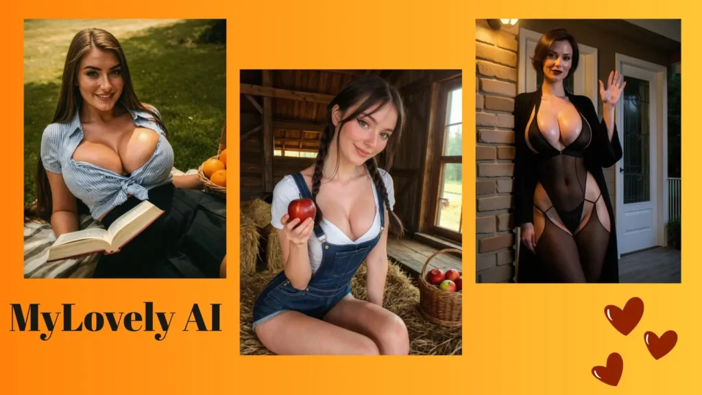 Three stylized AI girlfriend character concepts presented side-by-side against a vibrant orange backdrop featuring three bright red hearts and bold, clean typography displaying the MyLovely AI platform branding.