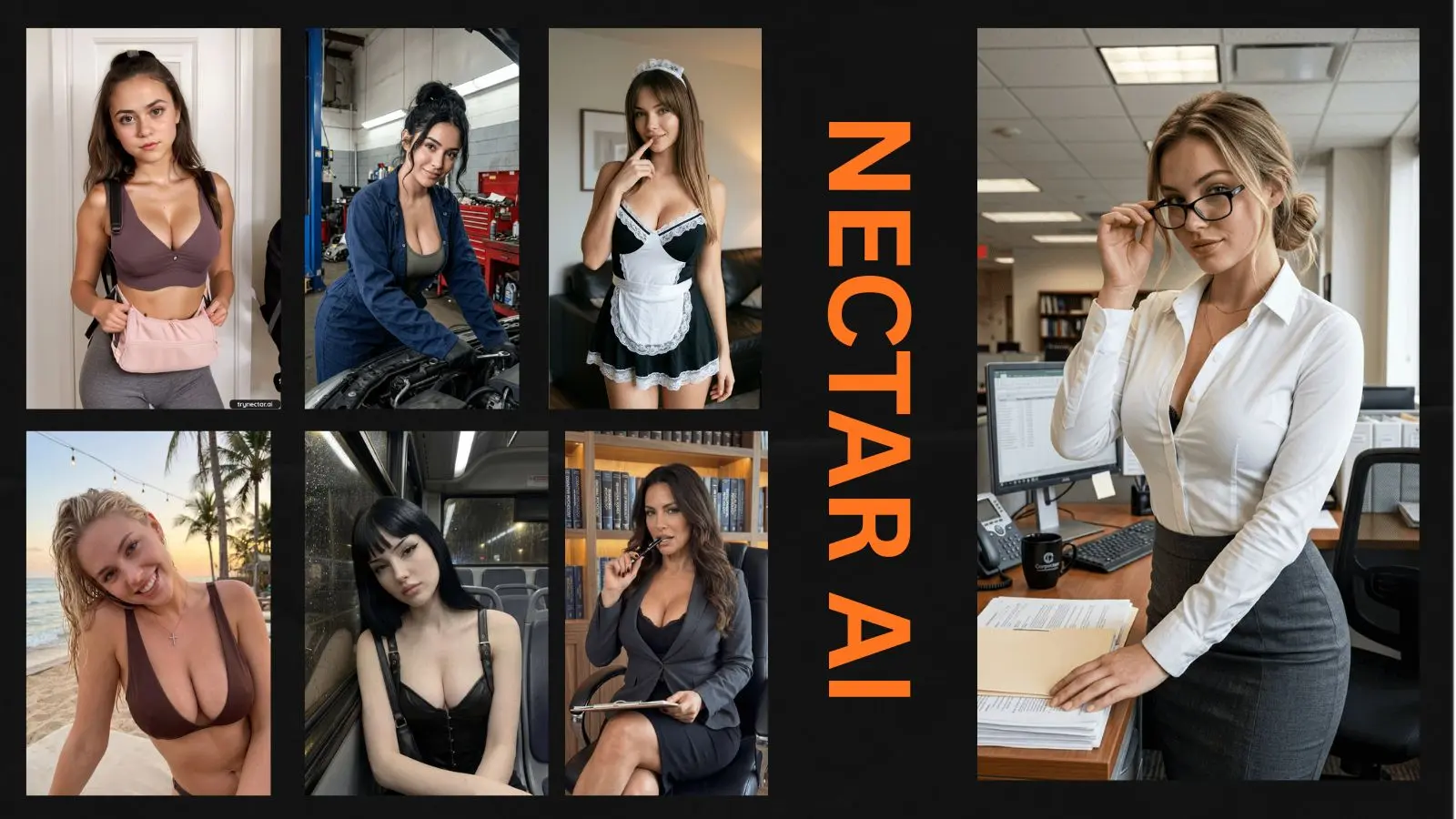 Seven diverse virtual AI women characters standing against a dark studio background, featuring a prominent vibrant orange text overlay reading Nectar AI.